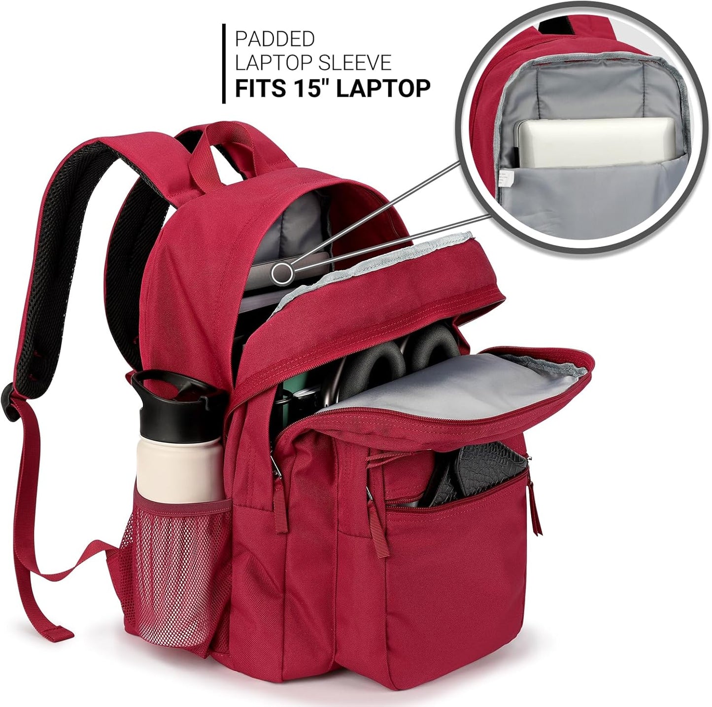 ZORFIN 26L Backpack for College, and Travel: Water Resistant Bookbag - Russet Red