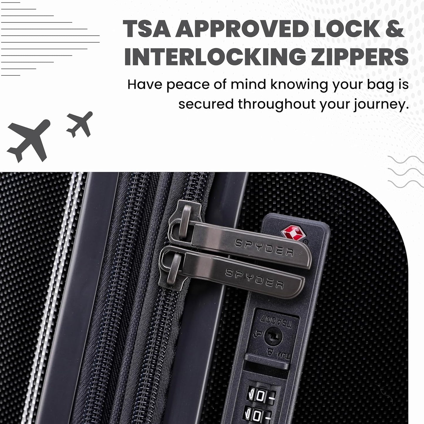 Spyder Rails 3 Piece Luggage Set with 360° Spinner Wheels, TSA Approved Lock, (20 Inch Carry On, 25 Inch Medium, 29 Inch Large), Black