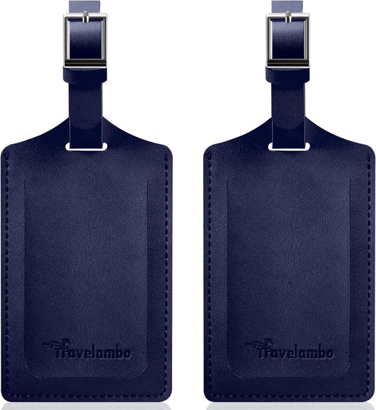 Travelambo Luggage Tags for Suitcases Faux Leather Privacy Protection 2 Pack Bag Tags Travel Accessories Essential, Deep Blue