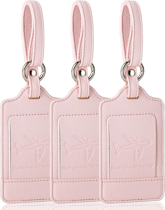 Teskyer Luggage Tags, 3 Pack Premium PU Leather Luggage Tags for Suitcases, Privacy Protection Travel Bag Tags, Lichee Light Pink