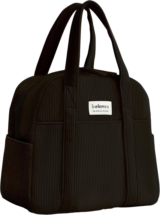Insulated Lunch Bag for Women, 6-Hour Cold Retention Cooler Tote with Sturdy Handle, 15-Can Spacious Capacity, Leakproof Corduroy Fabric & Aluminum Foil Lining, (Black)