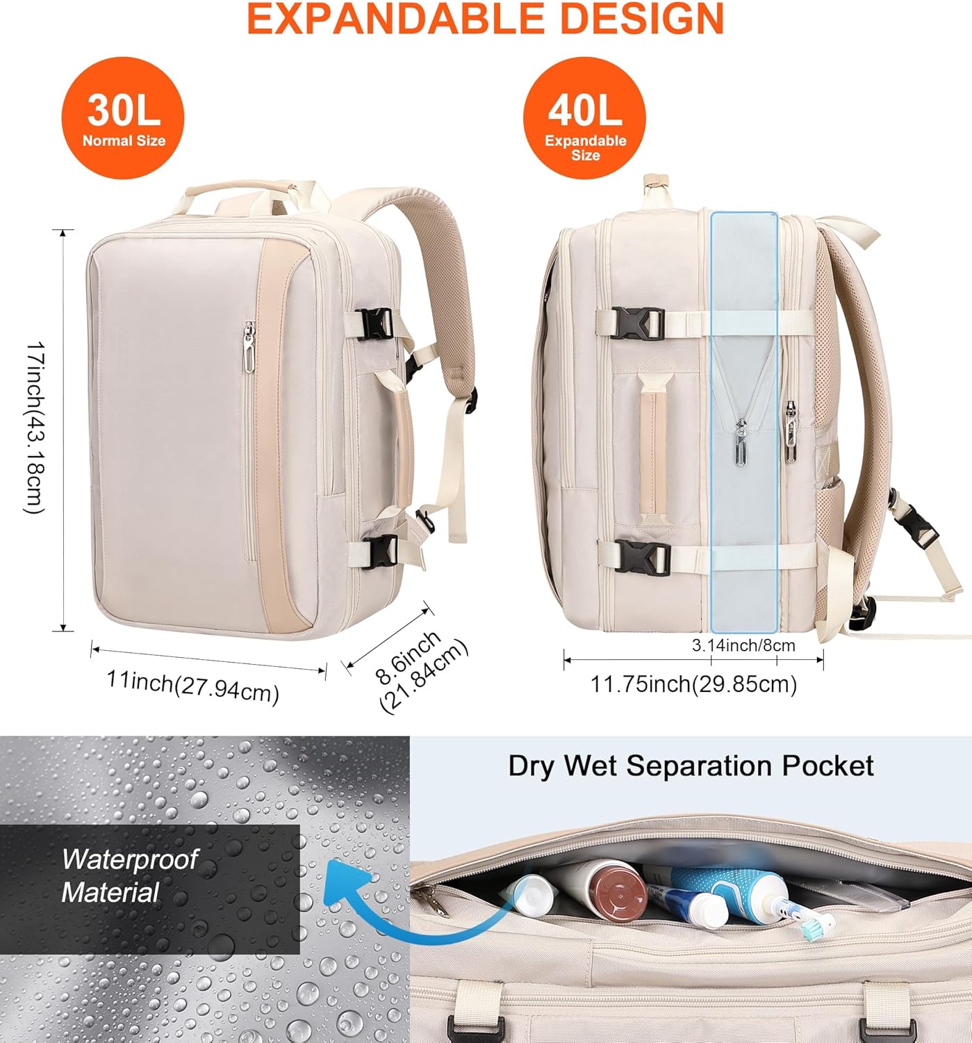 PIJUSHI Travel Backpack for Women Expandable Carry on Luggage Backpack Airline Approved Personal Item Laptop Bag(PE034 Classic Beige)