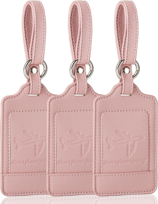 Teskyer Luggage Tags, 3 Pack Premium PU Leather Luggage Tags for Suitcases, Privacy Protection Travel Bag Tags, Lichee Dark Pink