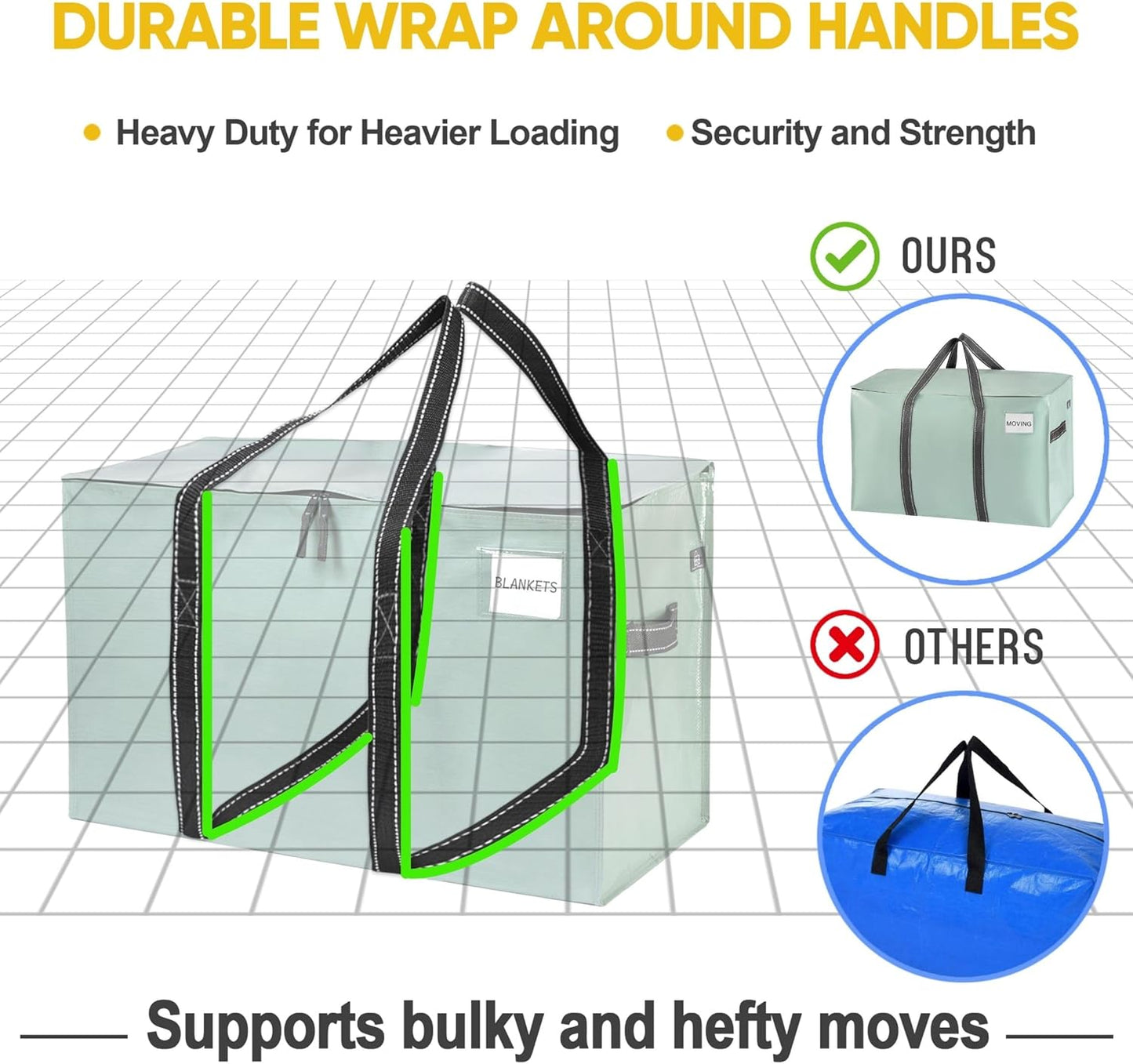 VENO 4 Pack Moving Bags, Heavy Duty, Moving Boxes Alternative, Packing Storage Supplies for Dorm Room Essentials with Zipper for Clothes, Extra Large Totes for Packaging (Shiny Light Green, 4 Pack)