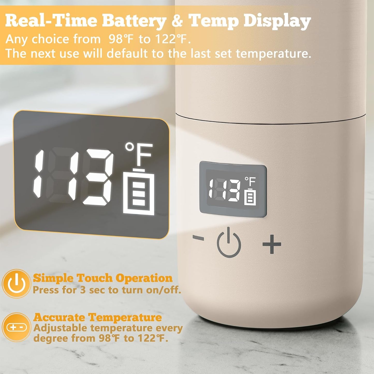Portable Bottle Warmer for Travel, Baby Bottle Warmer with Adjustable Temp & Keep Warm for Formula, Breastmilk, Super Fast Charging & Rechargeable Milk Warmer, Cordless Water Warmer