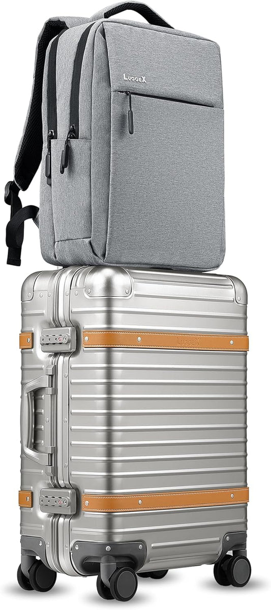 LUGGEX All Aluminum Carry On Luggage with Wheels - Zipperless Hardshell Suitcase with TSA Lock (Matte Silver, 2-Piece (20/Backpack))