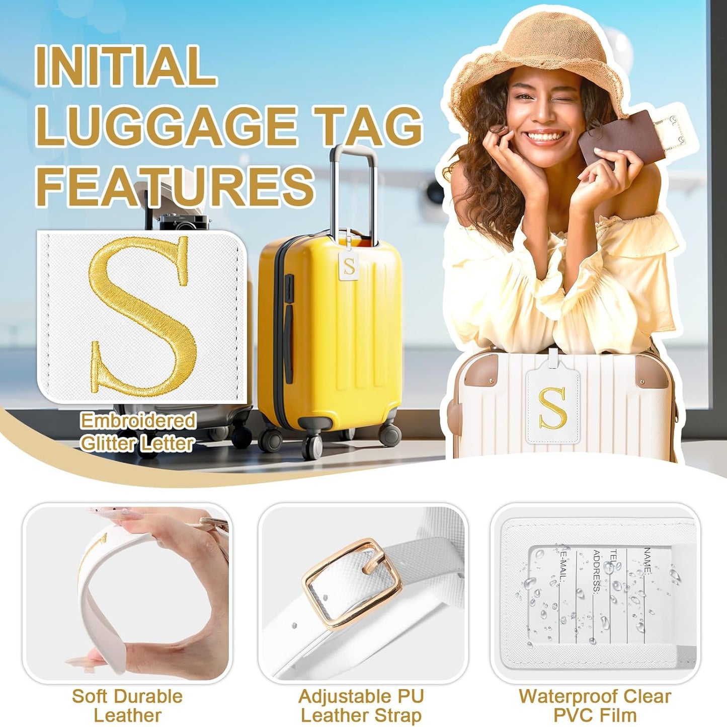 Personalized Initial Luggage Tags for Suitcase TSA Approved, White Leather Cute Luggage Tag with Privacy Cover Name Card, Embroidered Custom Luggage Tags Travel Baggage Tags Gifts for Women Kids(S)