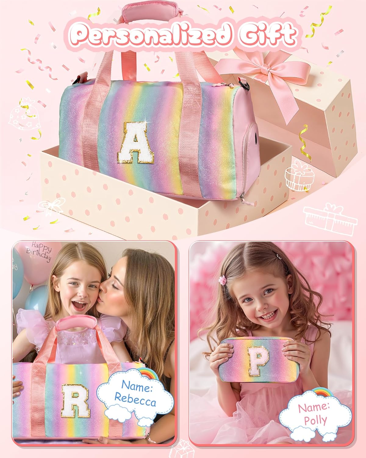 Girly Girl Stuff-Girl Gym Bag with Shoe Compartment, Kid Personalized Weekender Overnight Bags, Initial Travel Tote with Makeup Pouch, Gift Ideas for Niece Sister (Letter W)