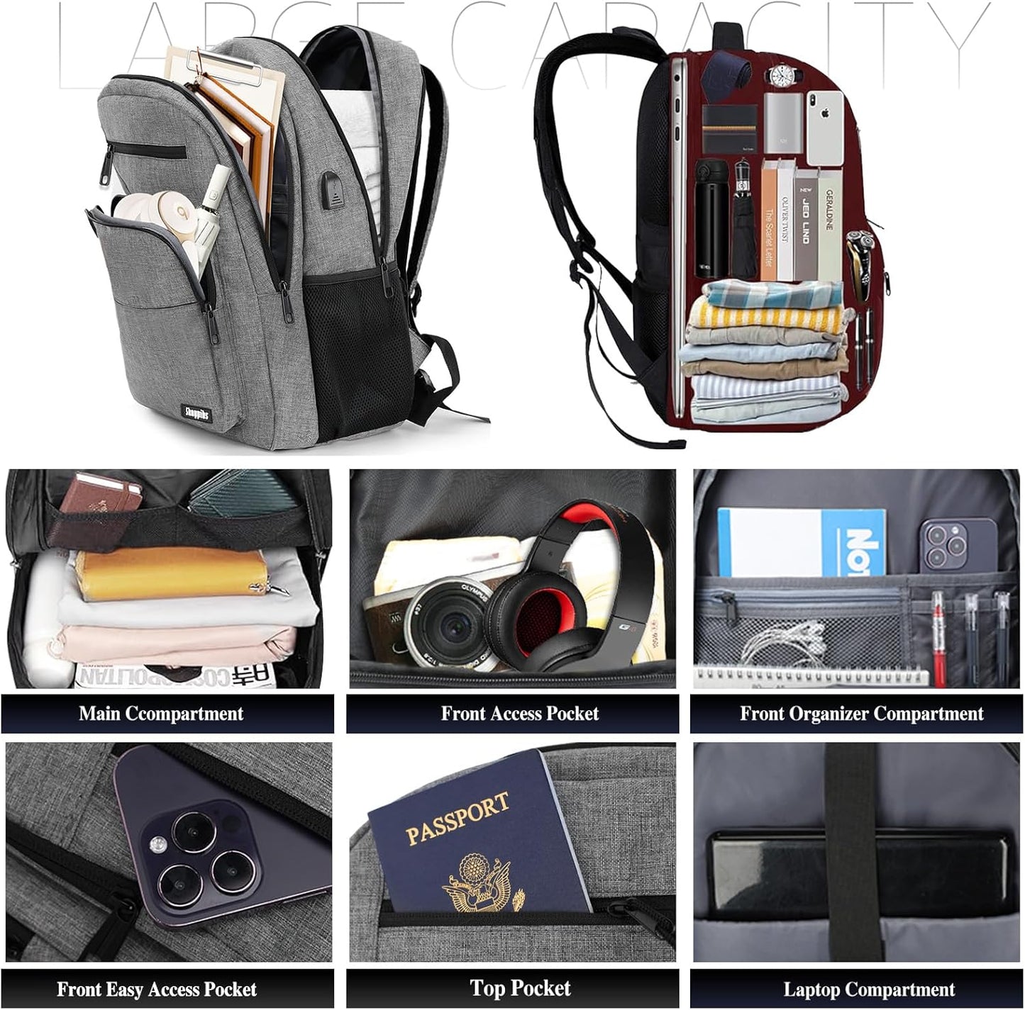 Backpack for Women Men, School Backpack for Boys Girls Teens, Work Computer BookBag, 15.6 inch Laptop Water Resistant Anti Theft Backpack Gifts for men women, Grey