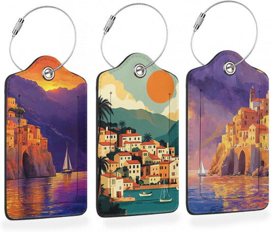 Retro Seaside Village 3 PCS PU Leather Luggage Tags for Suitcase, Sunset Luggage Tag with Privacy Flap, Name ID Label and Metal Loop for Women Men Baggage Handbag School Bag Backpack