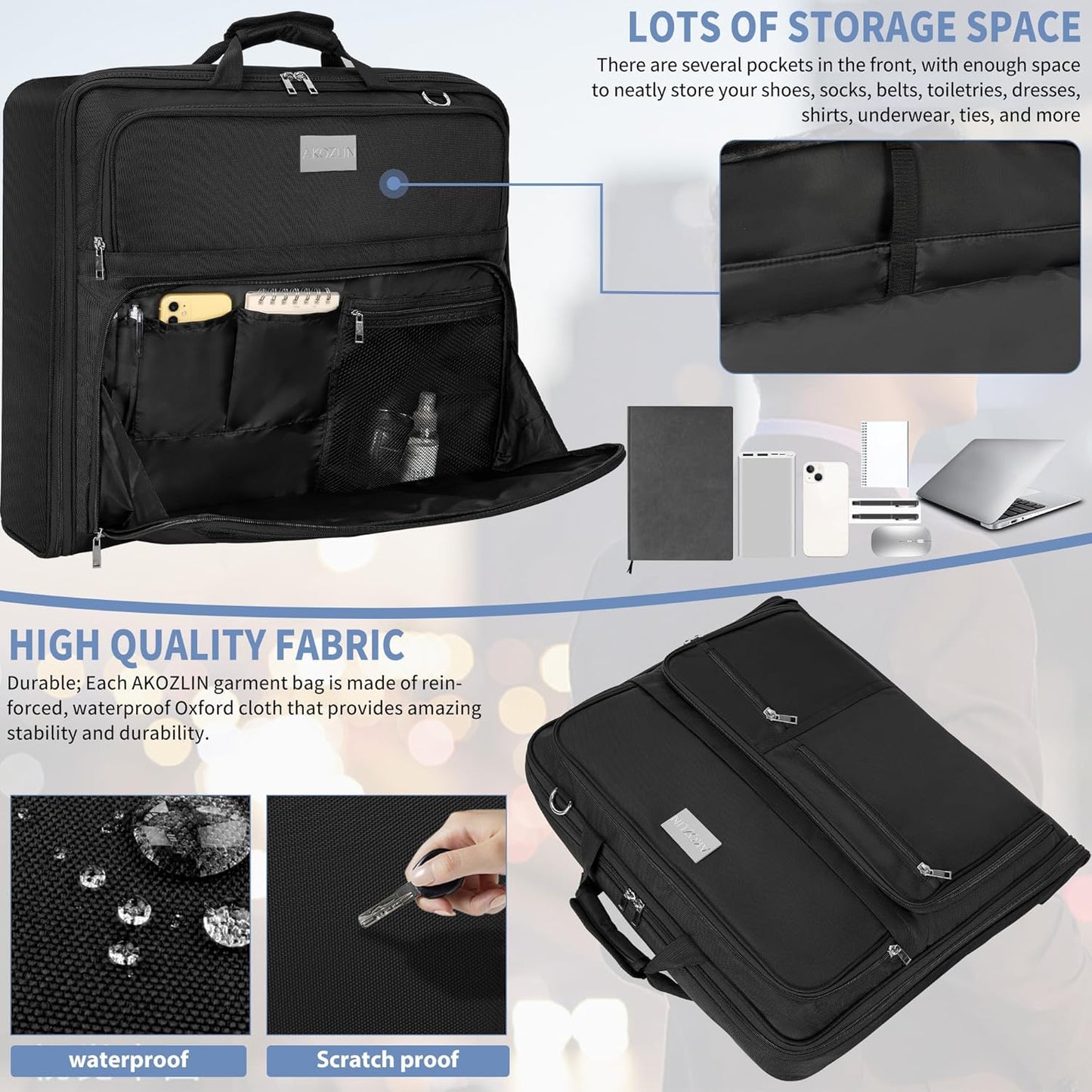 AKOZLIN Travel Luggage Garment Bag Foldable Hanging Suit Bag with Shoulder Strap For Men Women Business Black