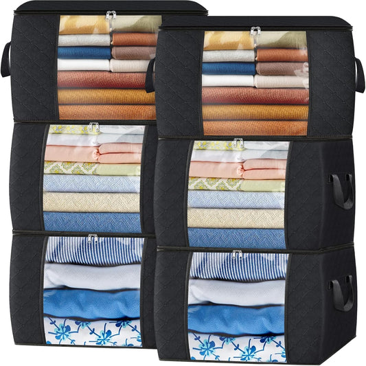 Fab totes 24 Gallons Clothes Storage, Foldable Thick Fabric Blanket Storage Bags, Containers for Organizing Bedroom, Closet, Clothing, Comforter, Organization with Handle (6 Pack,Black)