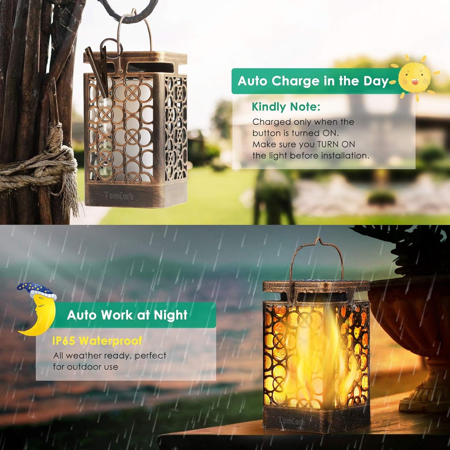 TomCare Solar Lights Upgraded Solar Lantern Flickering Flame Outdoor Hanging Lantern Decorative Lighting Solar Powered Waterproof LED Flame Umbrella Lights for Patio Garden Deck, 2 Pack(Bronze)