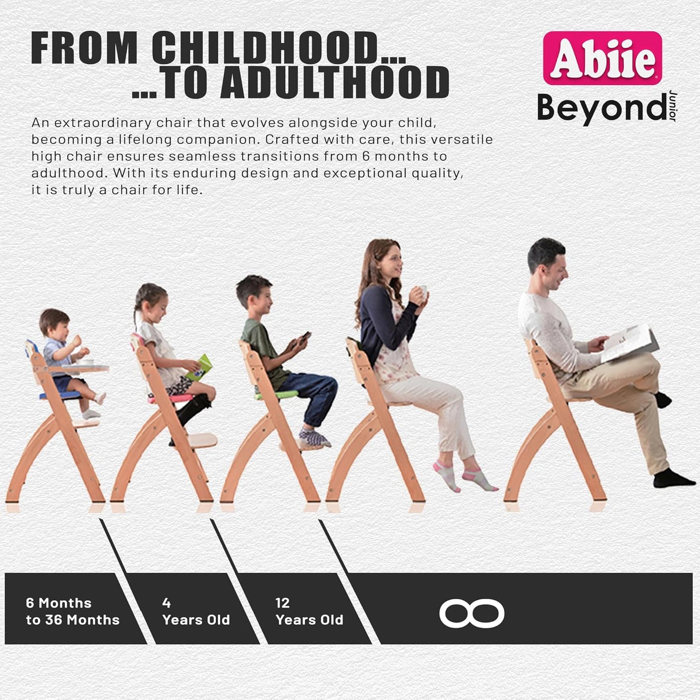 Abiie Beyond Junior Wooden High Chair with Tray - Adjustable and Convertible High Chair for Babies and Toddlers - 6 Months to 250 Lb - Water Resistant - Misty Grey Wood with Black Pearl Cushion