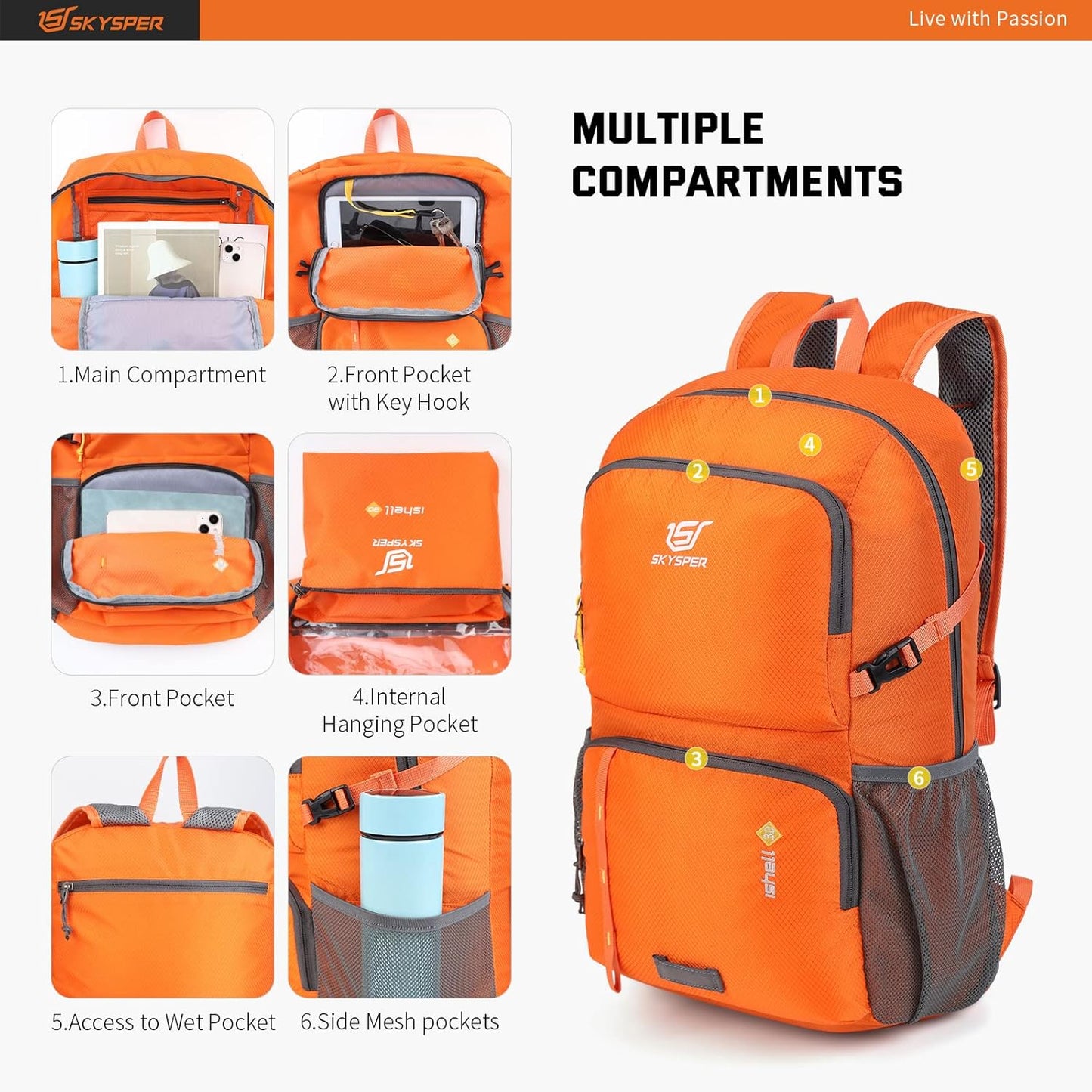 SKYSPER Lightweight Packable Backpack - 30L Hiking Daypack with Wet Pocket Foldable Travel Carry-on Backpack for Women Men