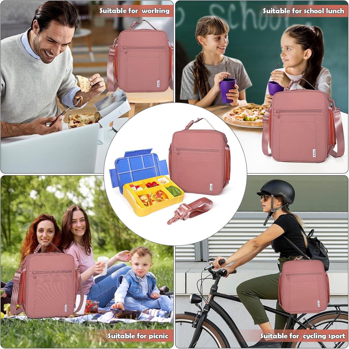 NOL Nylon Waterproof Kids Lunch Bag, Insulated Lunch Bag, Lunch box Cooler, Reusable, Zip Closure with Buckle Handle Holds Lunch Box, Snacks & Water Bottle for School Work, Dark pink