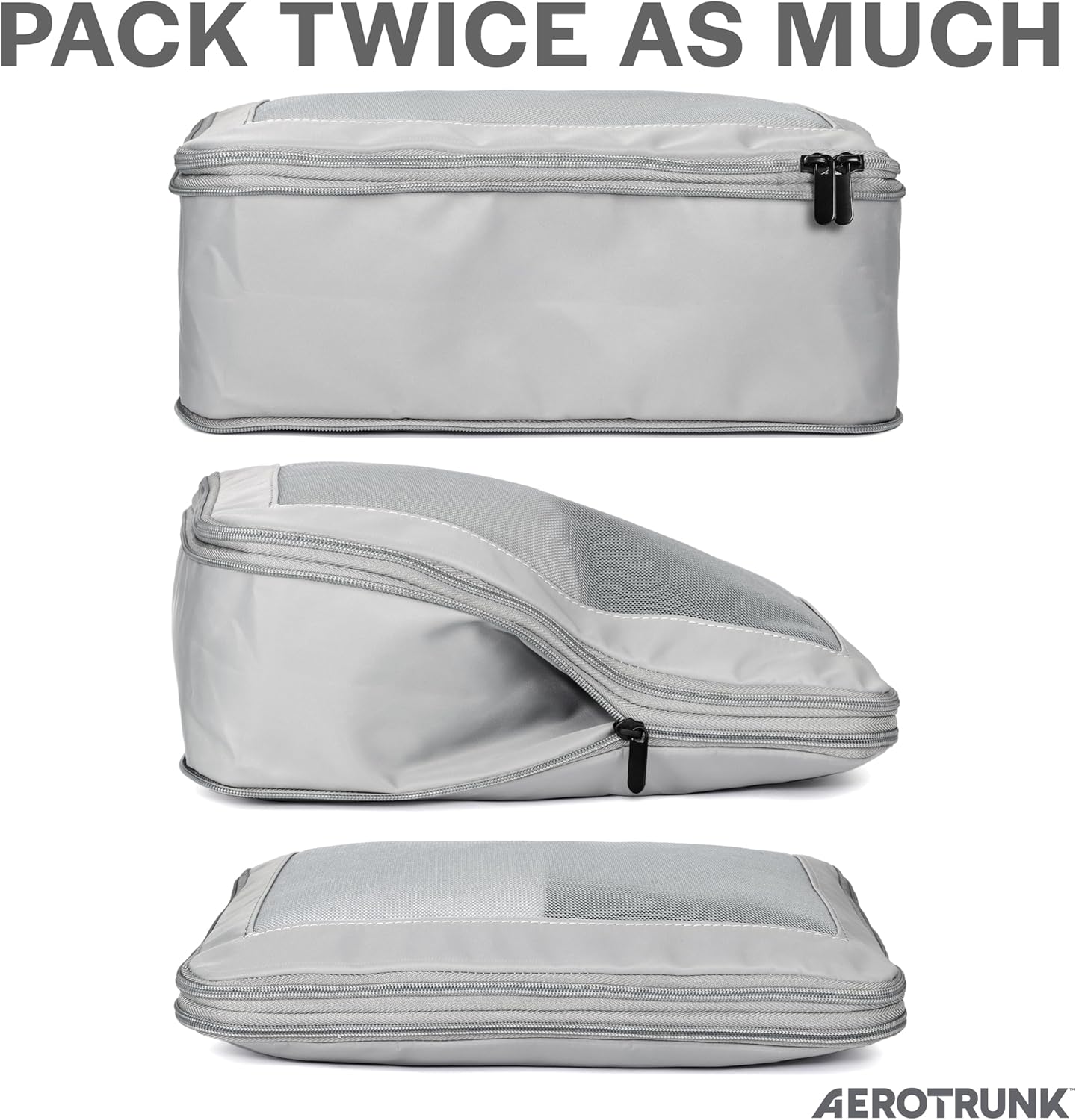 Aerotrunk Compression Packing Cubes for Travel - Luggage Organizer Bags - Double Zipper Packing Cubes for Suitcases (4-Pack, Light Grey)