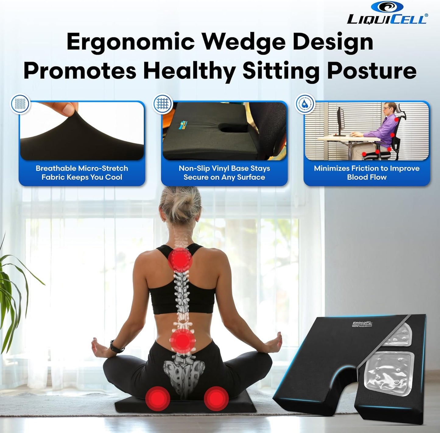 LiquiCell Coccyx Seat Cushion, Aid for Tailbone Pain Relief, Sciatica Pain, Back Support | Donut Like Butt Pillow for Long Hours Sitting at Home/Office Chair (20" W x 18" L x 2.5" H)