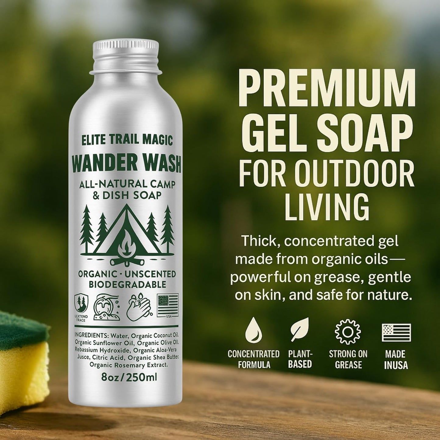 Wander Wash -Biodegradable Camp & Dish Soap Unscented | Made in USA | Organic All-Purpose Camping Gel Soap for Dishes, Hands & Gear – Eco-Friendly Reusable Aluminum Bottle | (8oz) (8floz/250ml)