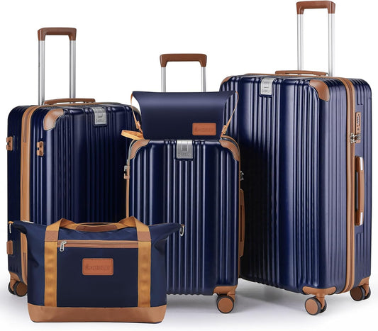 Luggage Set 3 Piece Luggage with PC+ABS Hardshell TSA Lock Spinner Wheels Carry on Lightweight Suitcase，YKK Zippers (Navy, 5 piece sets(20/24/28/DB/TB))