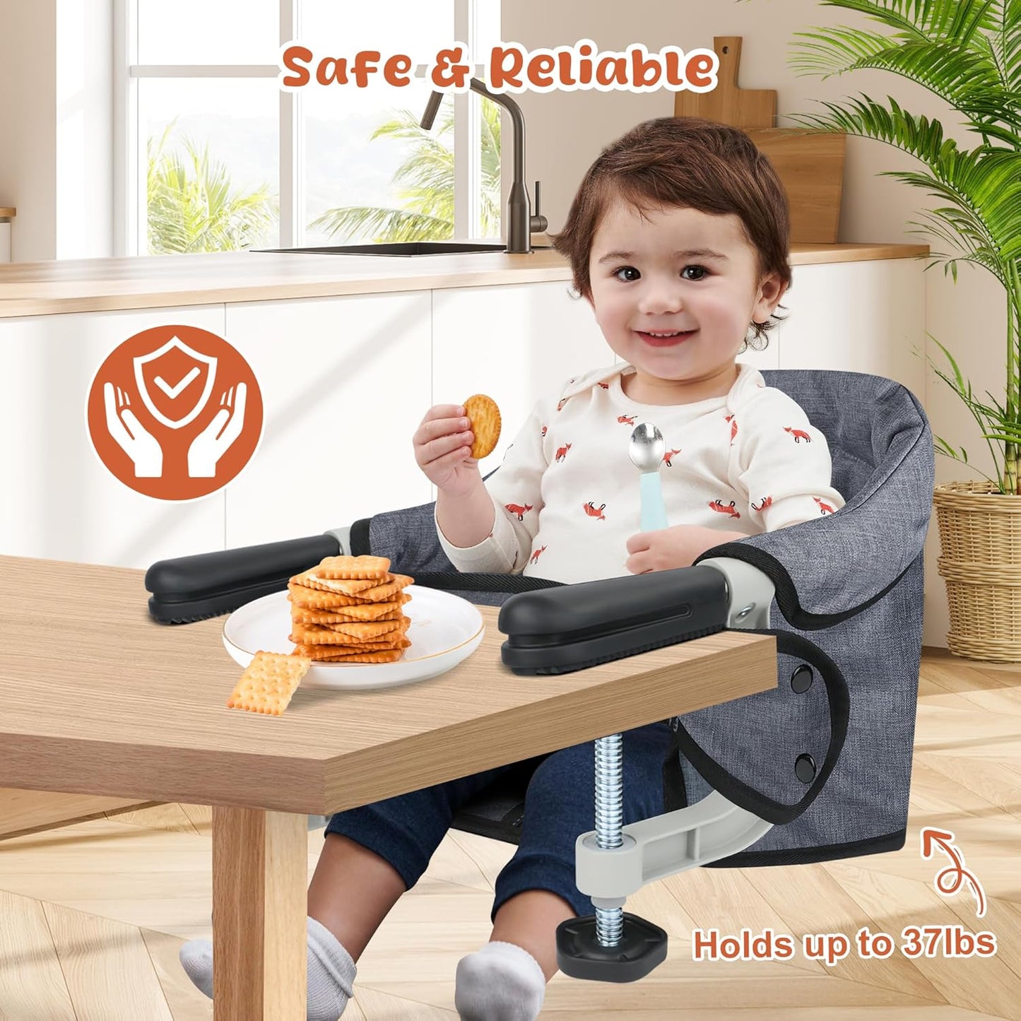Hook On High Chair, Jozzve Baby High Chair, Portable High Chair for Travel, Foldable Fast Table Chair with Storage Bag, Baby Feeding Seat Clip On High Chair for Home and Travel (Grey)