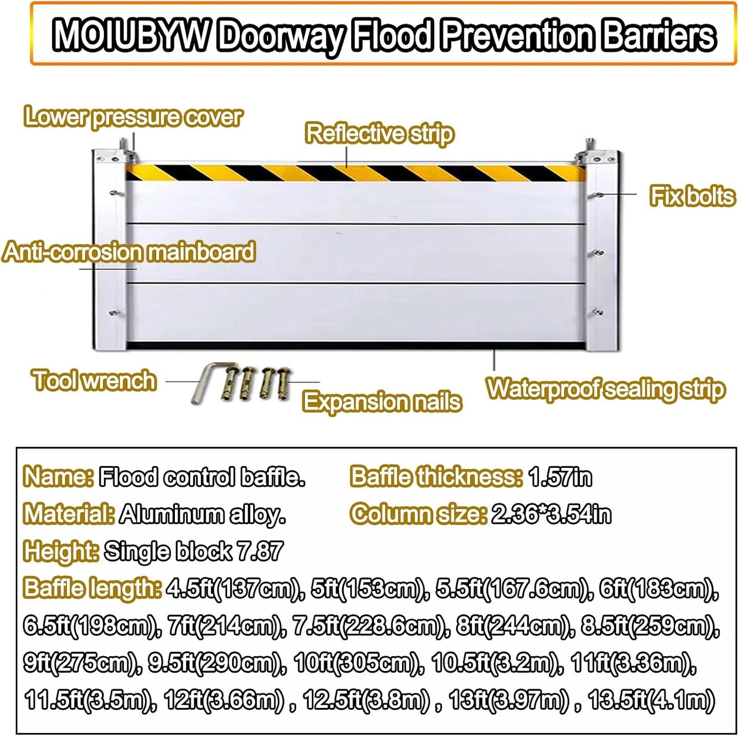 Reusable Flood Barrier, 3/4/5/6/7/8/9/10/11/12/13ft Long Heavy Duty Aluminum Water Barrier Shield for Sliding Glass Door/Driveway/Home Doorway, Removable Stopper Shield with Rubber(H 3.3ft
