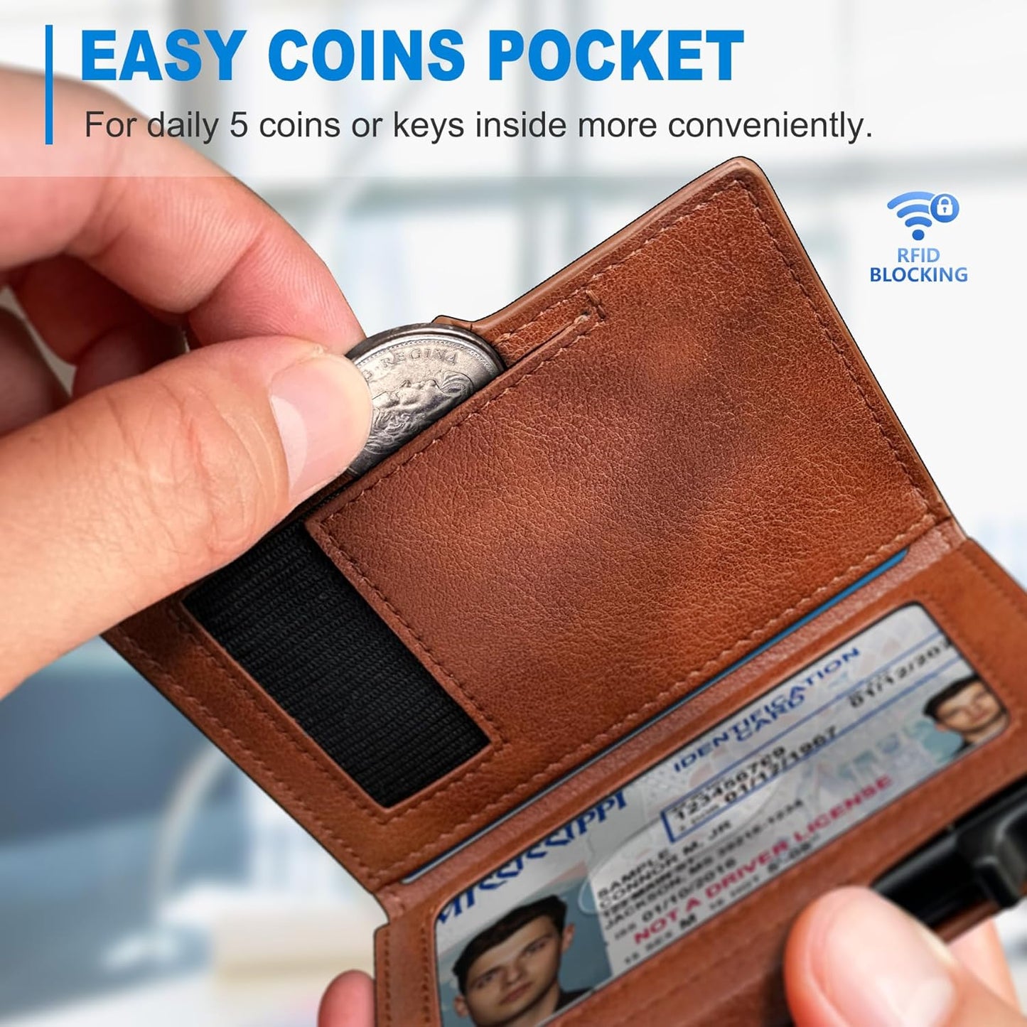 Men Wallet,with Money Clip Coins Pocket ID Window,Slim Front Pocket RFID Blocking Pop-up Card Holder 3.9"x 2.7", Gift Boxed