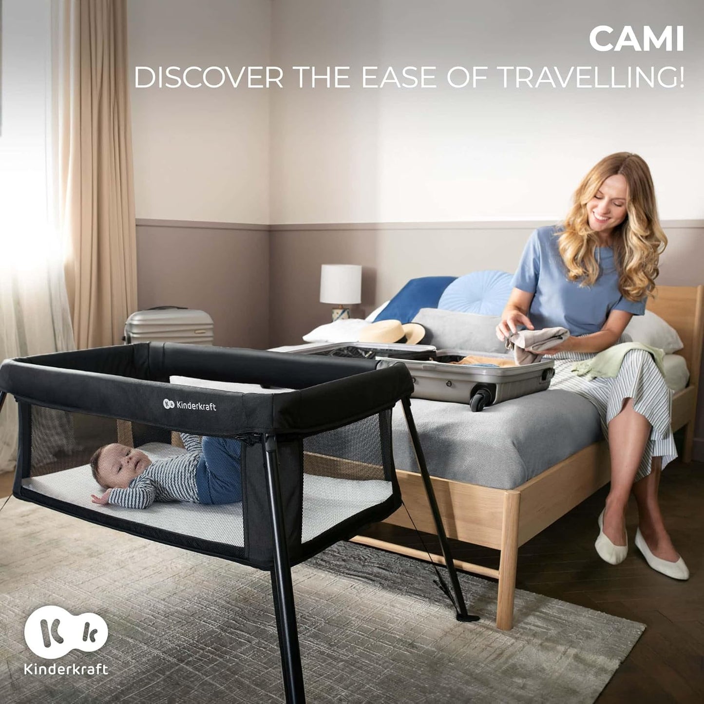 Kinderkraft CAMI 3-in-1 Baby Bed, Travel Bed for Baby, from Birth to 3 Years, Baby cot, Travel cot, Easy to Fold Compactly, Travel Bag Included, Two Levels, Black