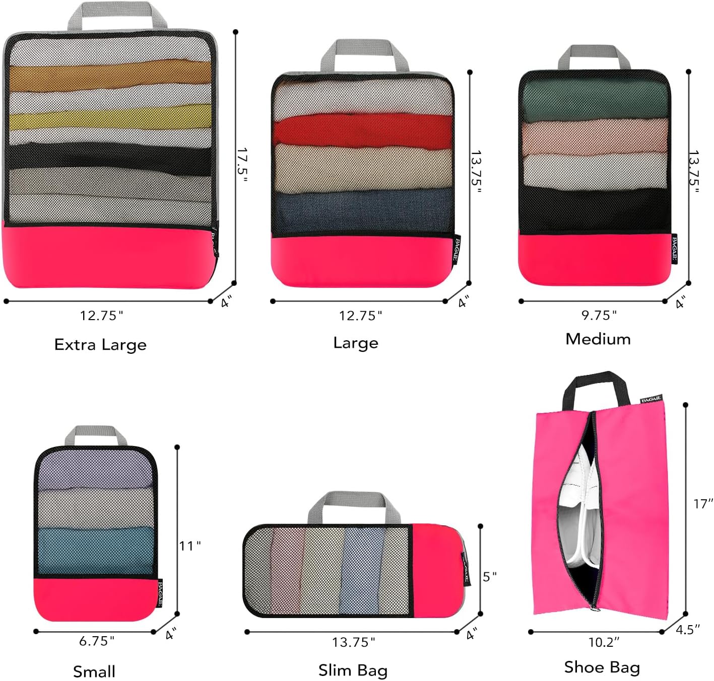 BAGAIL 4 Set/6 Set/8 Set Compression Packing Cubes Travel Accessories Expandable Packing Organizers (Half Mesh, 6-Fuchsia)