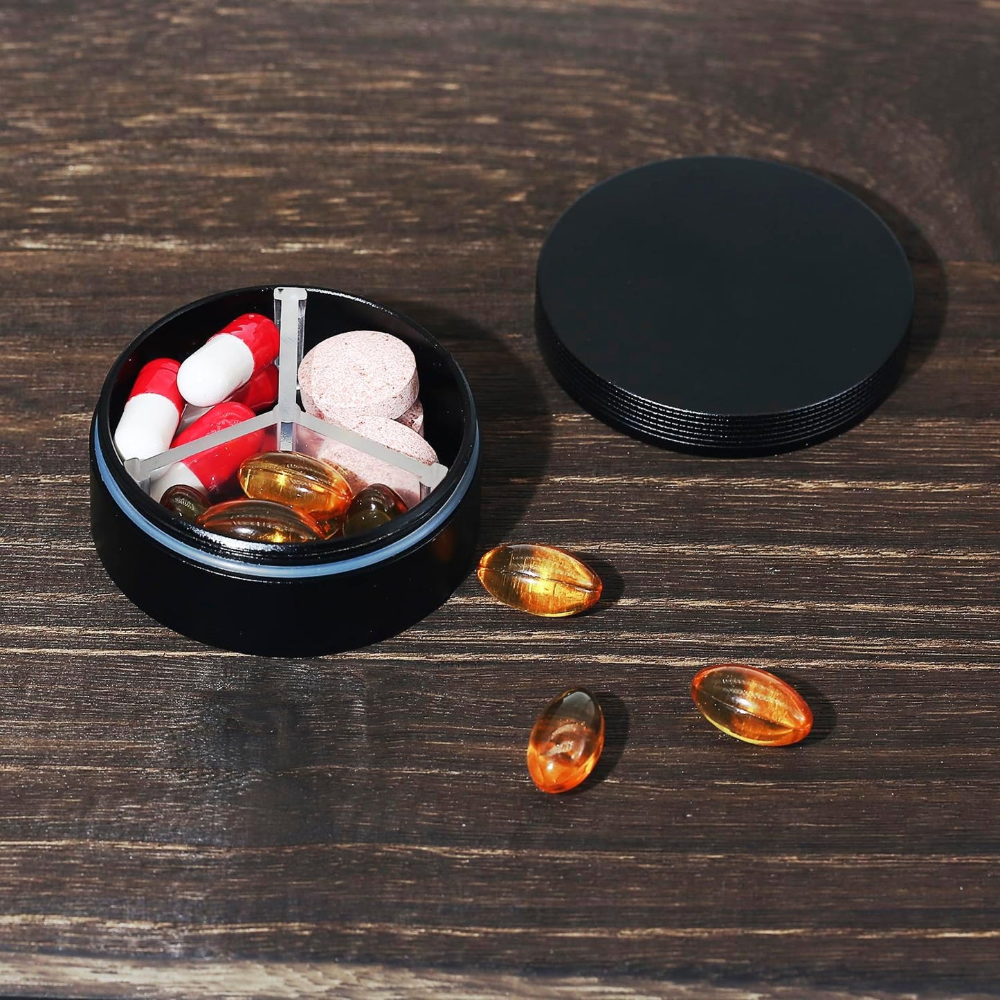 Small Pill Case 3 Compartments, Metal Round Portable Pill Box, Waterproof Travel Pill Organizer, Pocket Purse Medicine Vitamin Holder EDC Container (Black)