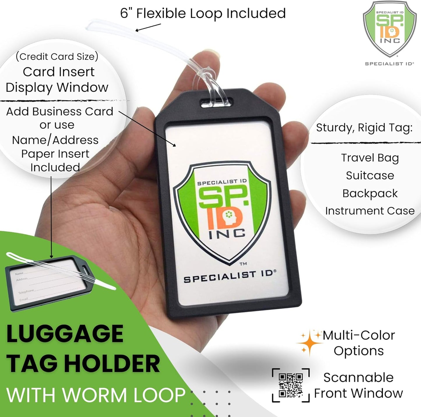 5 Pack - Premium Rigid Airline Luggage Tag Holders with 6" Worm Loops - Heavy Duty Hard Plastic -Suitcase ID Tag Identifiers with Business Card Insert Window by Specialist ID (Assorted Colors)