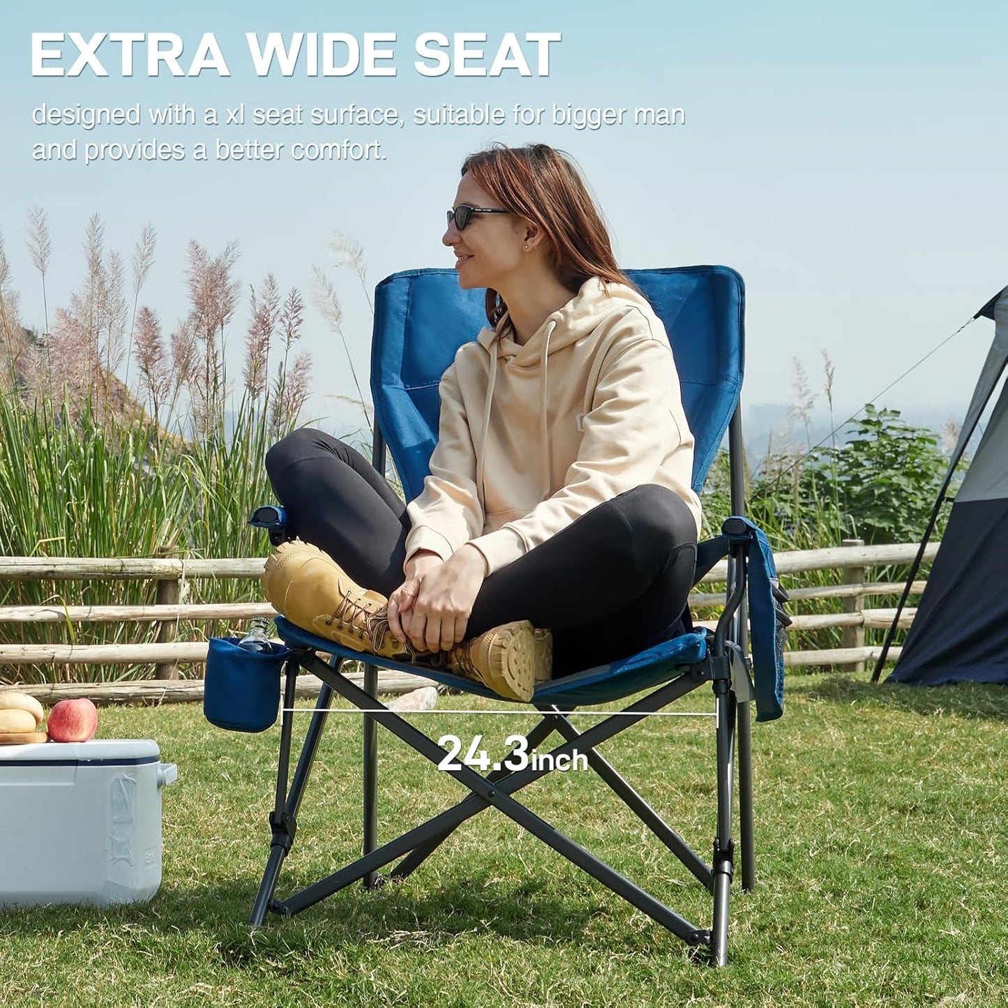 EVER ADVANCED Oversized Folding Camping Chair for Adults with Adjustable Lumbar Support, Heavy Duty Chair with Side Pockets, Portable Collapsible Quad Chair for Outside
