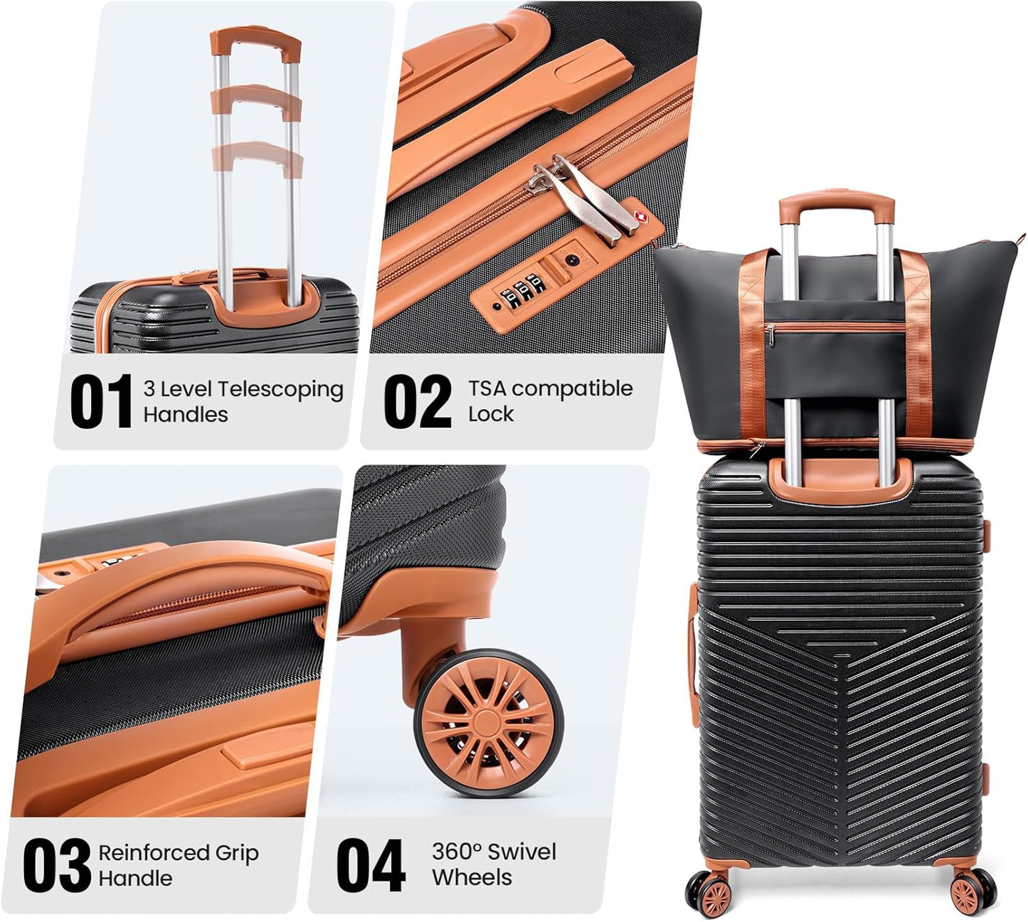 Hoteel 4 Piece Luggage Set (4-YEAR WARRANTY) Carry on ABS+PC Hard Shell Suitcase with Spinner Wheels & TSA Lock (Black)