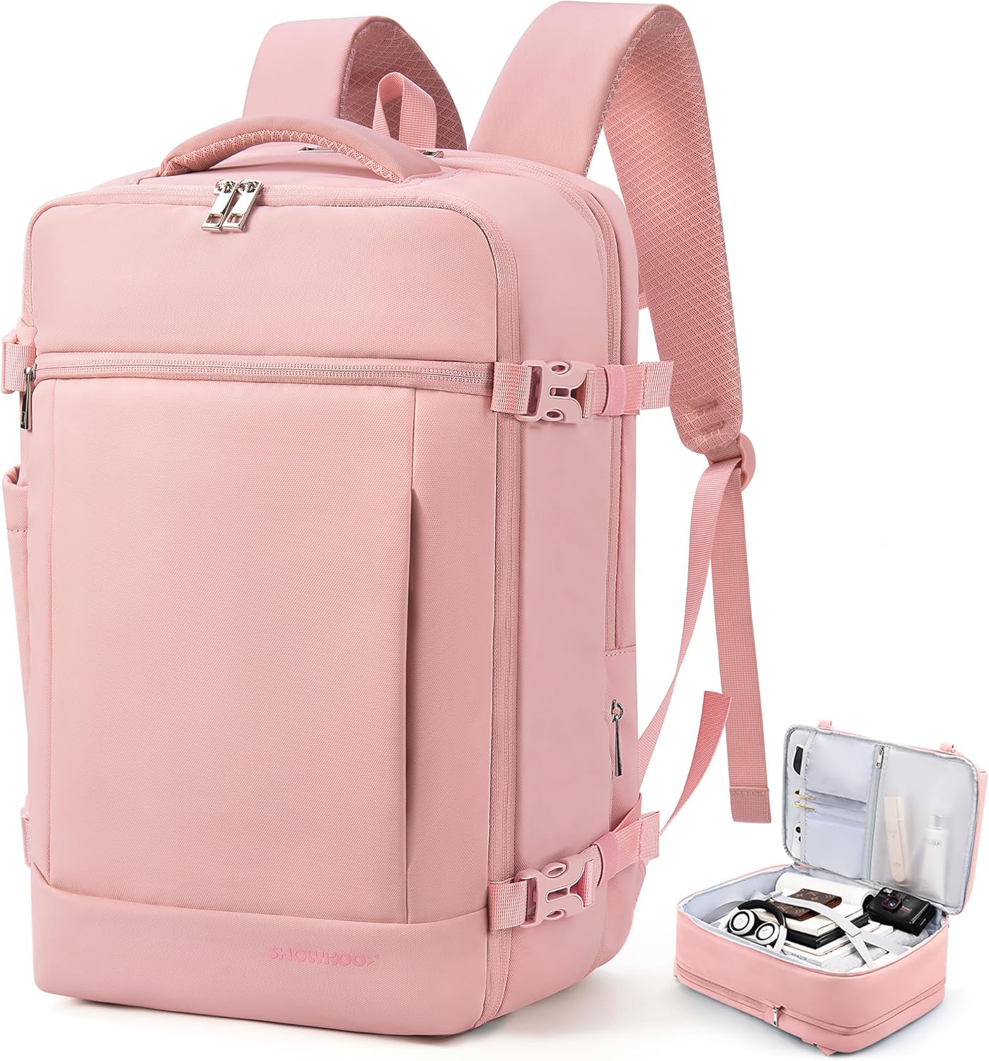 SHOWKOO Travel Backpack For Man Women, Airline Approved Carry On Laptop Backpack For Business, 40L Expandable Large Capacity Backpack, Pink
