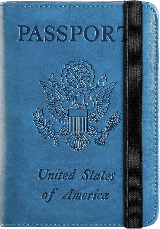Passport Holder Cover Wallet Travel Essentials RFID Blocking Leather Card Case International Must Haves Travel Accessories for Women Men(101#Blue)