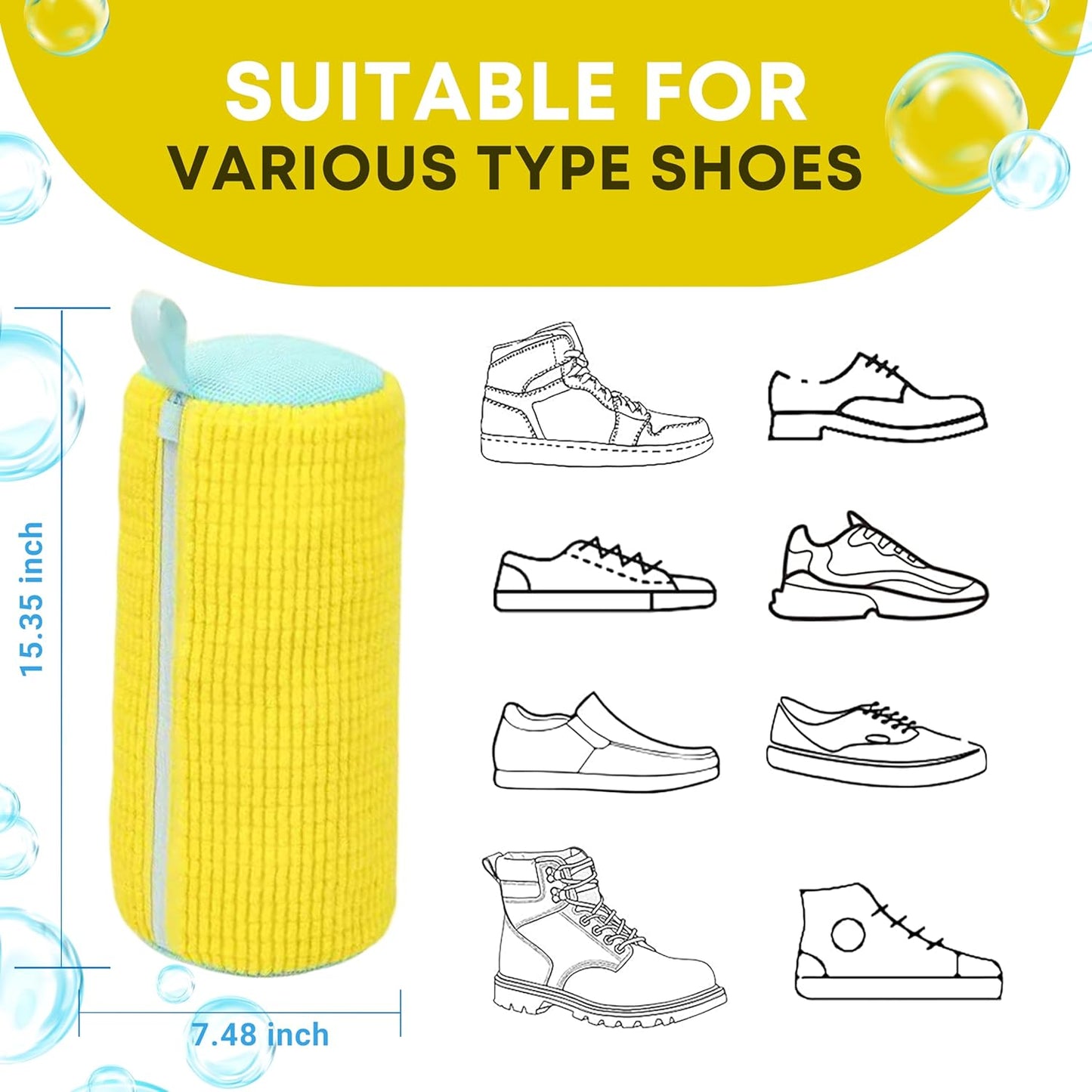 EPSCY Shoe Washing Machine Bag 2 Pack Yellow, 360° Wrap-Around Laundry Bags for Washer and Dryer - Reusable Deep Clean Sneaker Bags - Fits All Shoe Sizes & Types, Self-Locking Zipper, Protects Machine