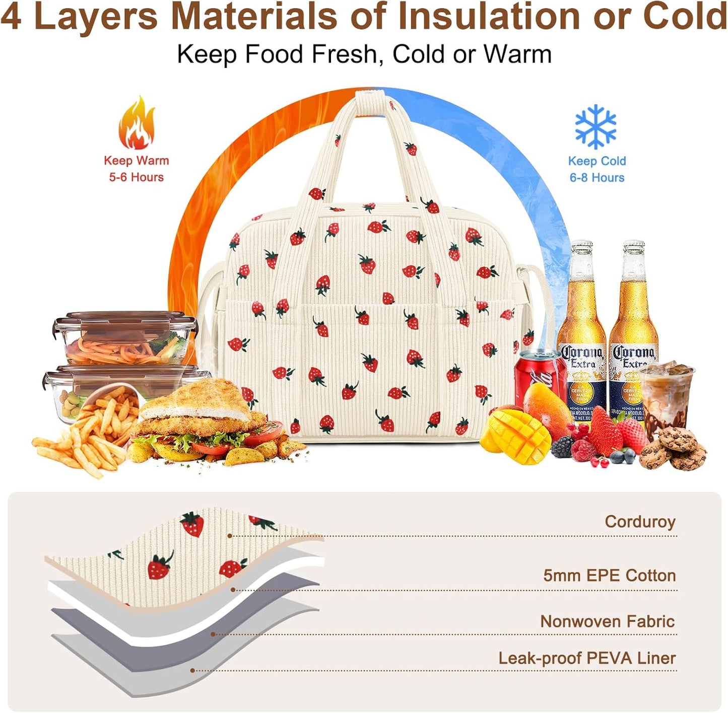 Corduroy Lunch Box Lunch Bag for Women Adults Men, Cute Strawberry Insulated Work Reusable Leakproof Simple Large Lunch Boxes Tote Bag Adults Cooler Bag, with Shoulder Strap