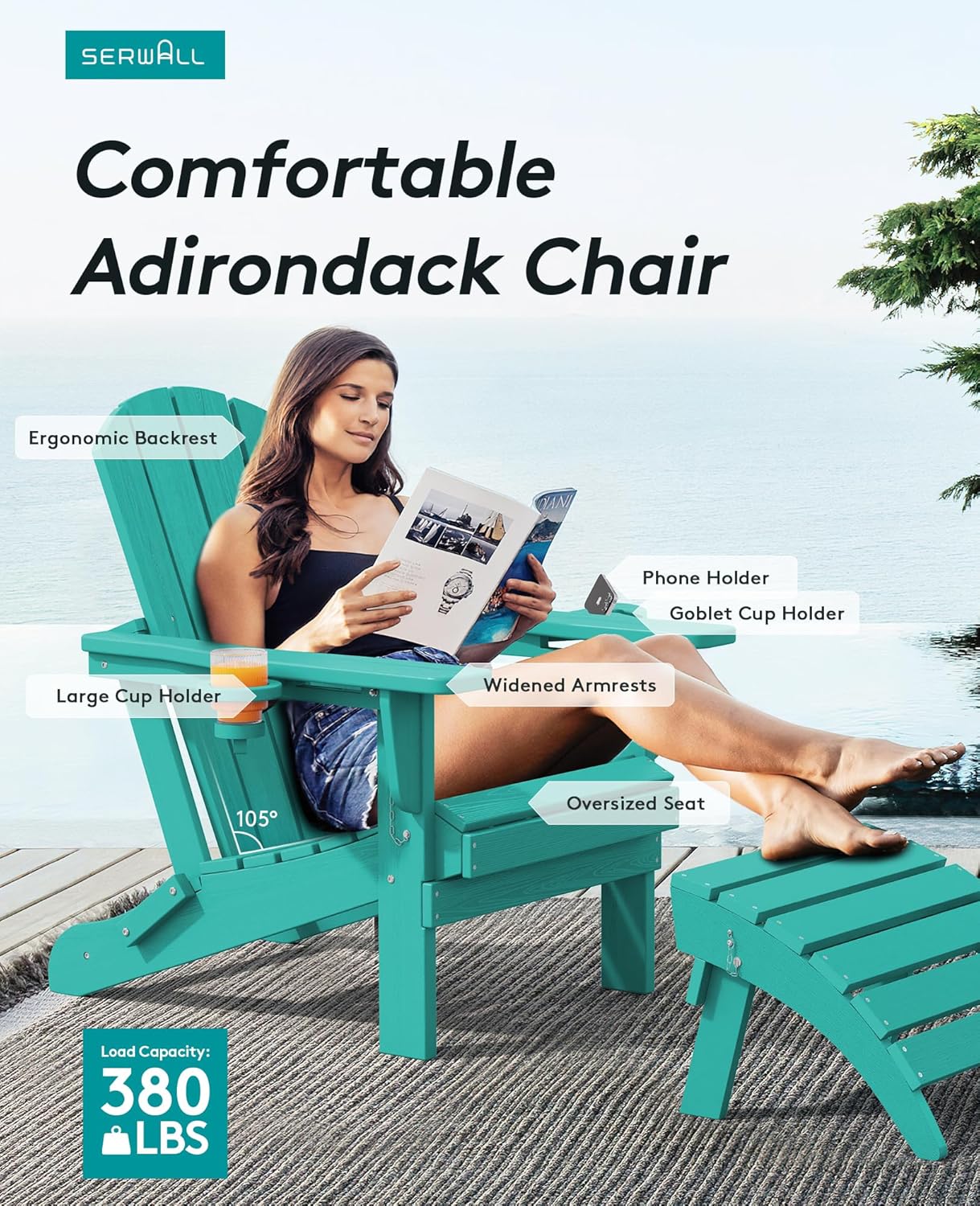 SERWALL Adirondack Chair with Cup Holders - Composite Adirondack Chairs Set of 8 HDPE Outdoor Chairs All Weather Use- Aruba