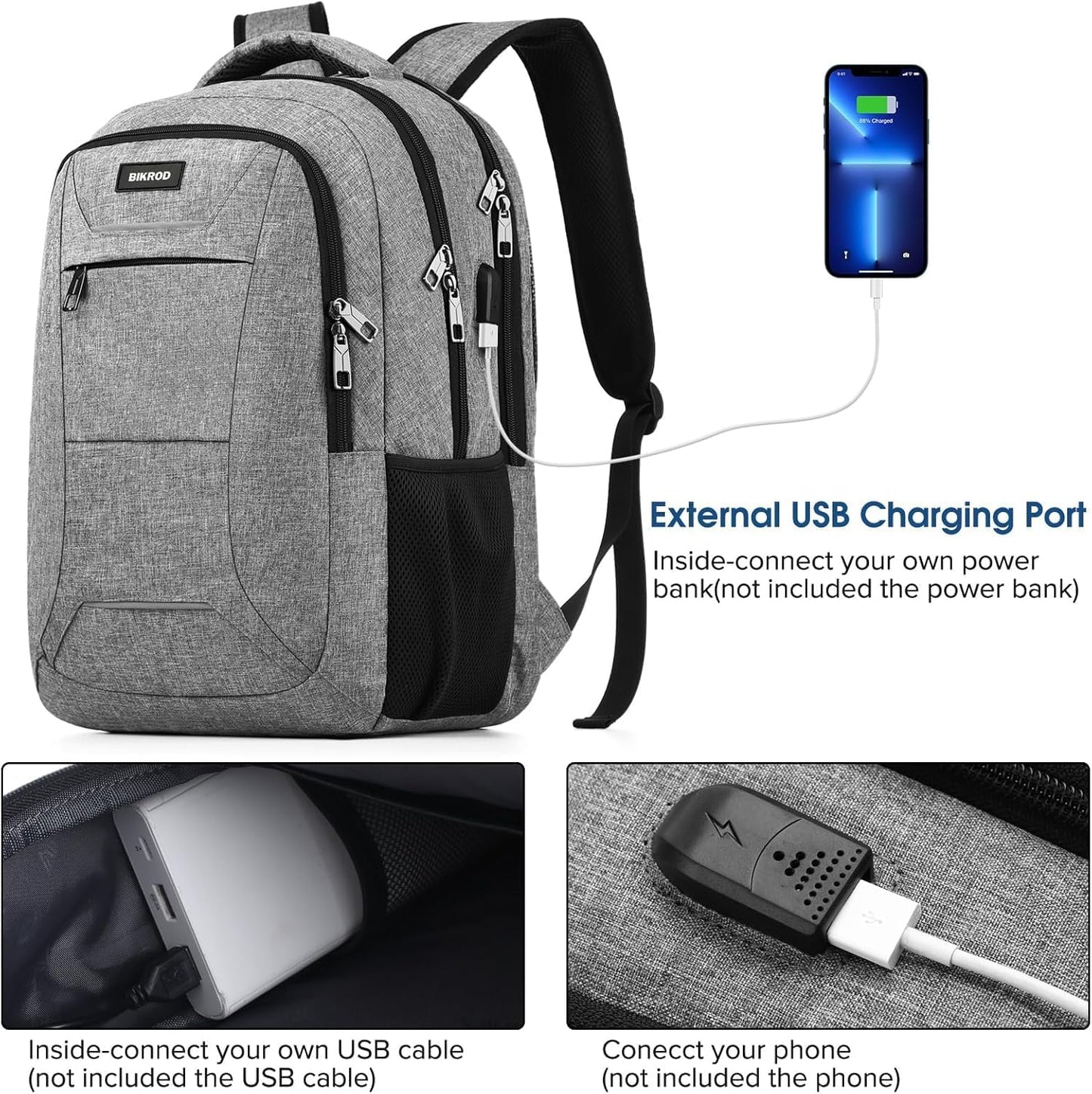 BIKROD Laptop Backpack for Men and Women, 17 Inch Large School Backpacks for Teens, Business Anti Theft Durable Travel Back Pack, Water Resistant Computer Bag with USB Charging Port, Grey