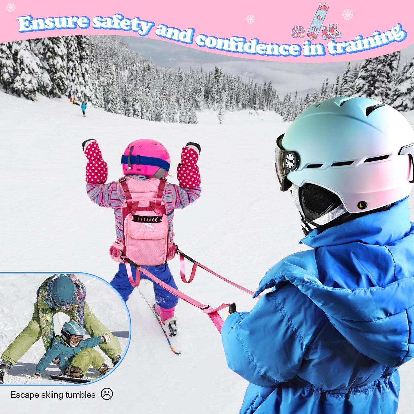 Children’s Ski Harness Trainer Snowboard Anti-fall Traction Belt Beginner Ski Auxiliary Bag with Safety Belt Kid’s Ski Backpack with Speed Control Harness
