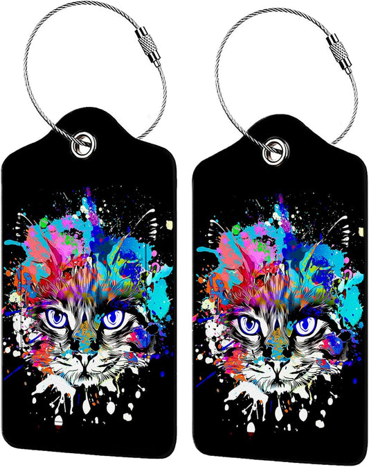 Colorful Cat Head 2 Pack Luggage Tag for Suitcase, Leather Bag Tags Identifiers Privacy Cover ID Label with Steel Loop for Women Men Kids Girls Travel