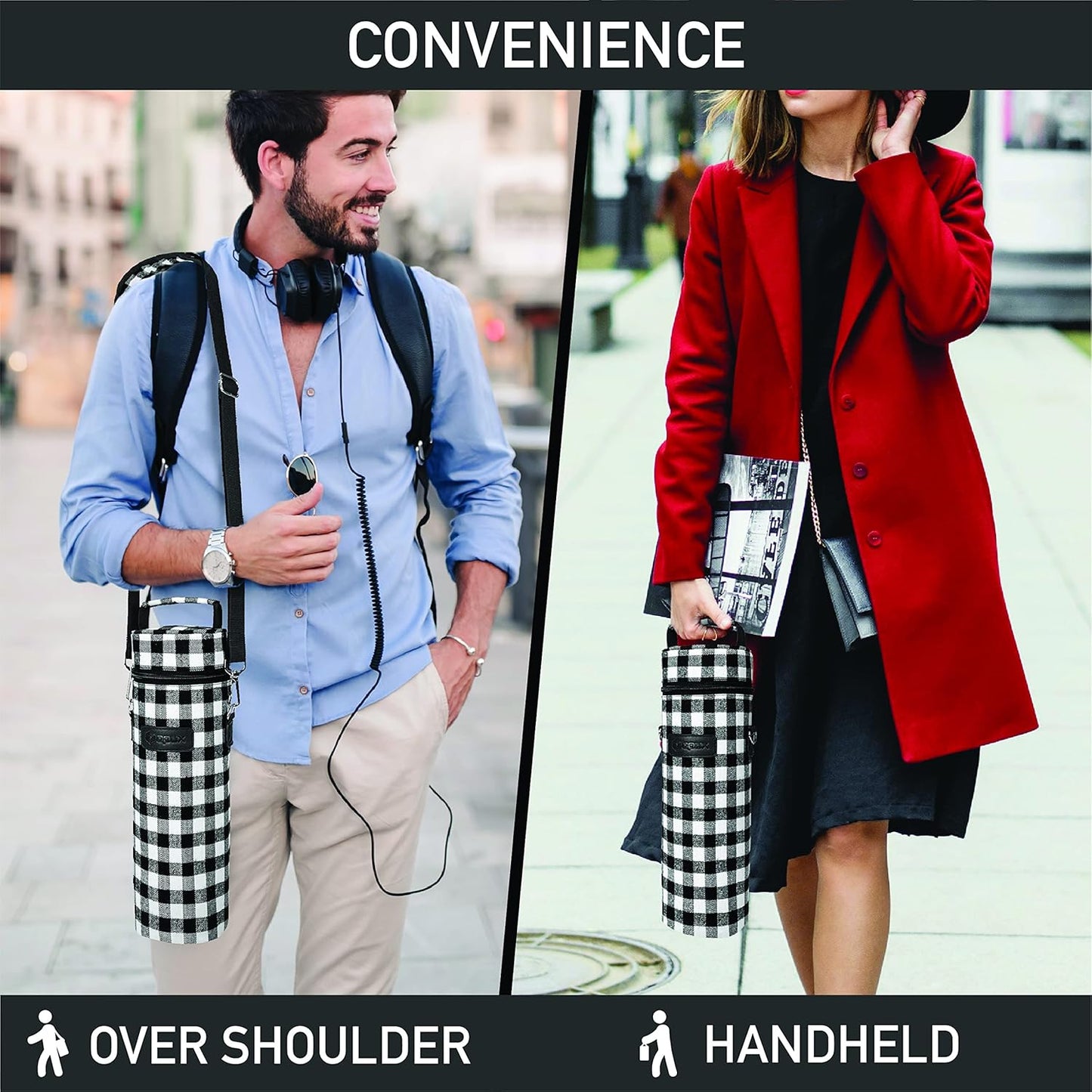 opux Wine Bag Single Bottle Carrier Tote, Insulated Wine Cooler Bag for Travel Picnic Beach with Shoulder Strap, Thermal One Bottle Holder Carrying Case Wine Gift for Women Men, Plaid Buffalo White