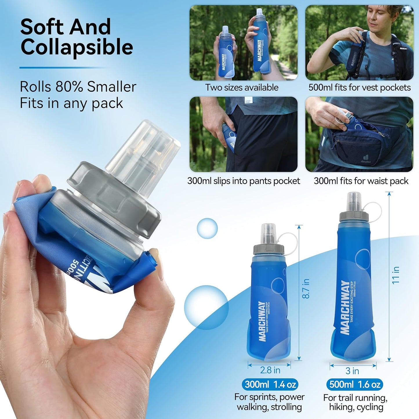 MARCHWAY Soft Hydration Flask with Wide Mouth, 300ml/500ml Collapsible TPU Water Bottle, Leakproof Portable Flexible for Running, Hiking, Cycling, Climbing, Gym, Travel (2pcs Dark Blue 300ml)
