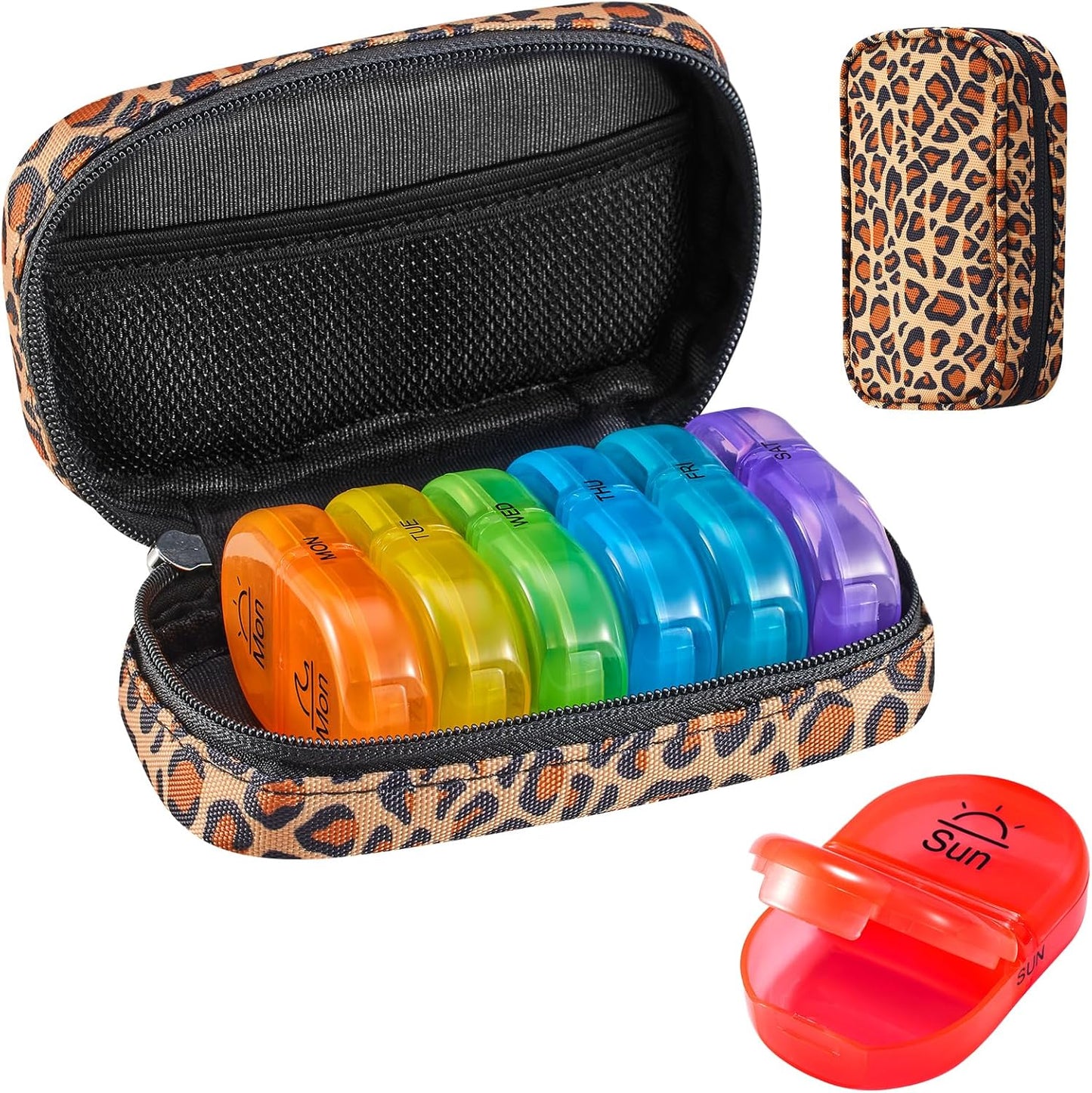 Serfeymi Weekly Travel Pill Organizer 2 Times A Day AM PM Upgraded Rainbow Pill Box 7 Day with Portable Zipper Canvas Pill Case, Medicine Organizer for Pills, Vitamins, Fish Oils - Brown 01
