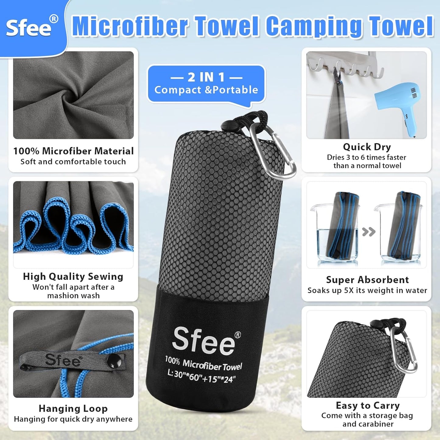 Sfee 2 Pack Microfiber Travel Towel, Quick Dry Camping Towel Large Beach Towel Super Absorbent Compact Lightweight Sports Gym Towels Set for Gym, Hiking, Pool, Backpacking,Bath,Yoga