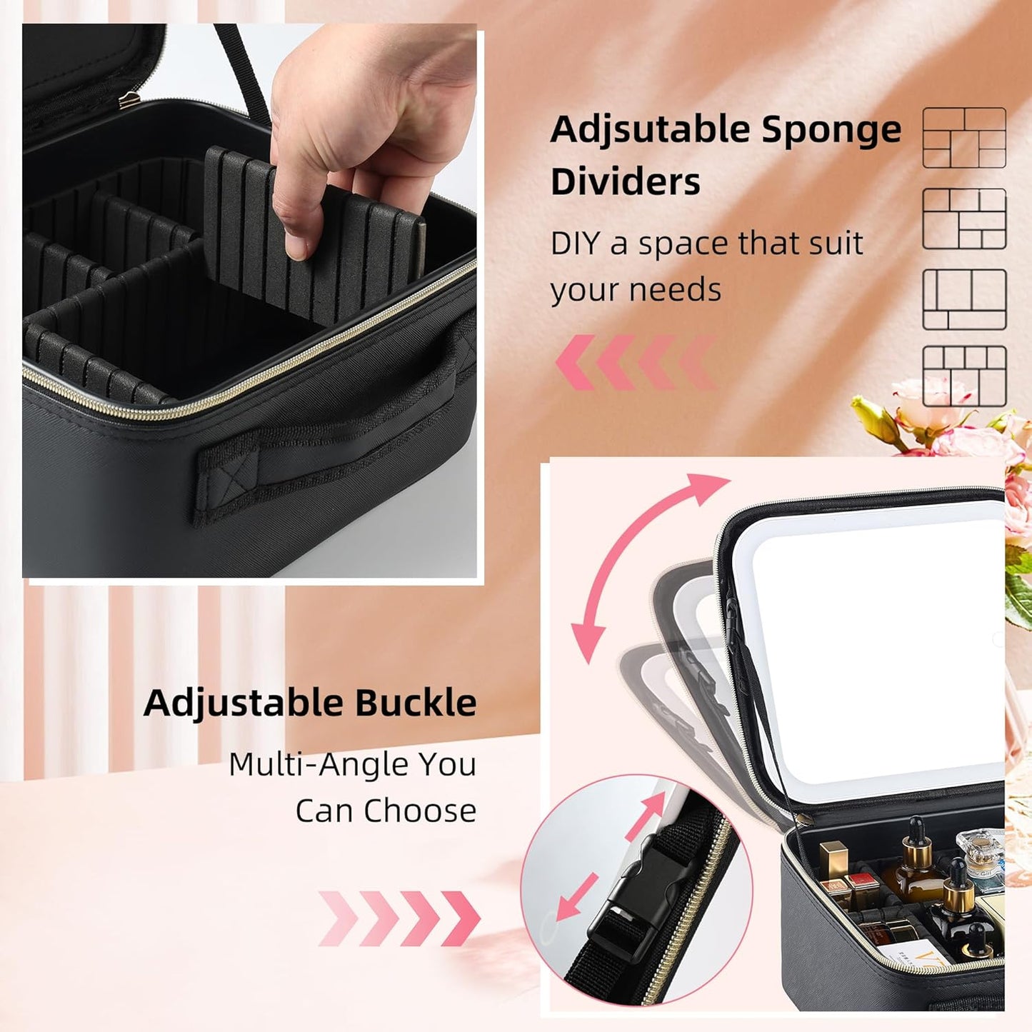 Travel Makeup Bag with LED Mirror – Waterproof Cosmetic Train Case with Adjustable Dividers, Portable Makeup Organizer and Toiletry Bag for Women, Teens & Girls Gift, Black
