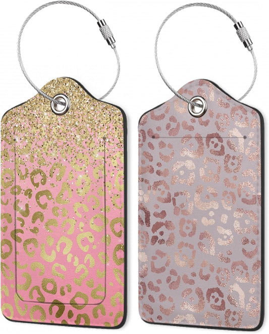Luggage Tags for Suitcase,Pink Rose Gold Leopard Skin Luggage Tags of Set 2 Leather Identifiers Privacy Cover with Stainless Steel Loop for Women Men Travel Bag Suitcase