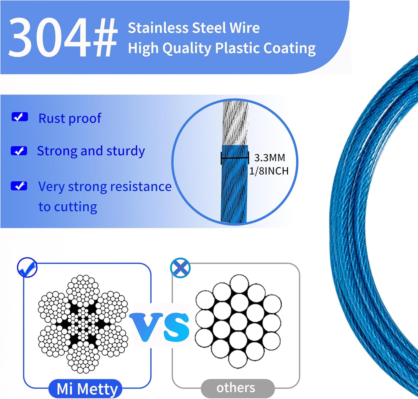 3.3mm (1/8 Inch) Outdoor Travel Stainless Steel Security Cable-4ft Luggage Lock Safety Wire Flexible Steel Wire Rope with Double Loop Safety for Luggage, Bike, Lock(Black+Blue, 4ft-(2Pack)