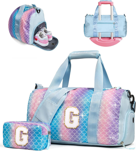 Gifts for 4 5 6 7 8 9 10 Year Old Girls-Girl Gym Bag with Shoe Compartment, Kid Personalized Weekender Overnight Bags, Initial Travel Tote with Makeup Pouch, Gift for Daughter (Letter G)