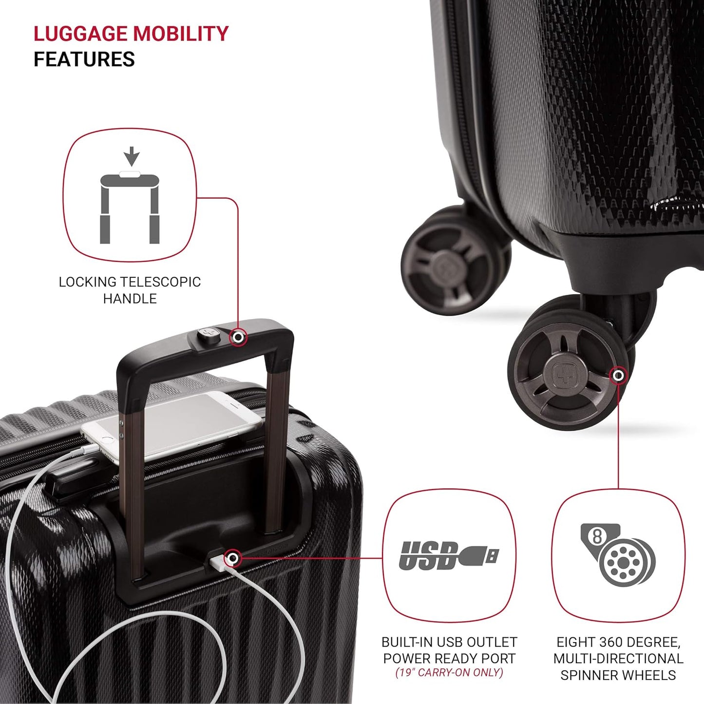 SwissGear 7272 Energie Expandable Hardside Luggage with Spinner Wheels and TSA Lock, Black, 3-Piece Set (19/24/27)